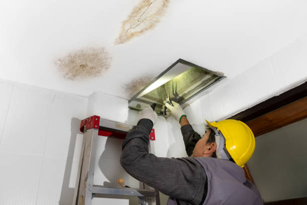 Worker fix leaking pipe in ceiling ,close-up of a stain on the ceiling.
