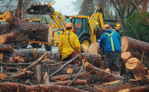 Workers in safety gear are operating heavy machinery and clearing large fallen trees and logs at what appears to be a storm damage cleanup or logging site.